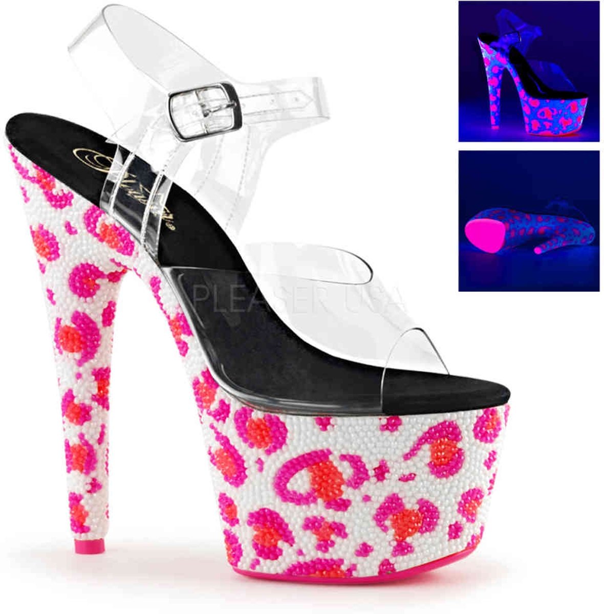 EU 37 = US 7 | BEJEWELED-708UVLP | *7 Heel, 2 3/4 PF Ankle Strap Sandal w/Leopard Pattern RS